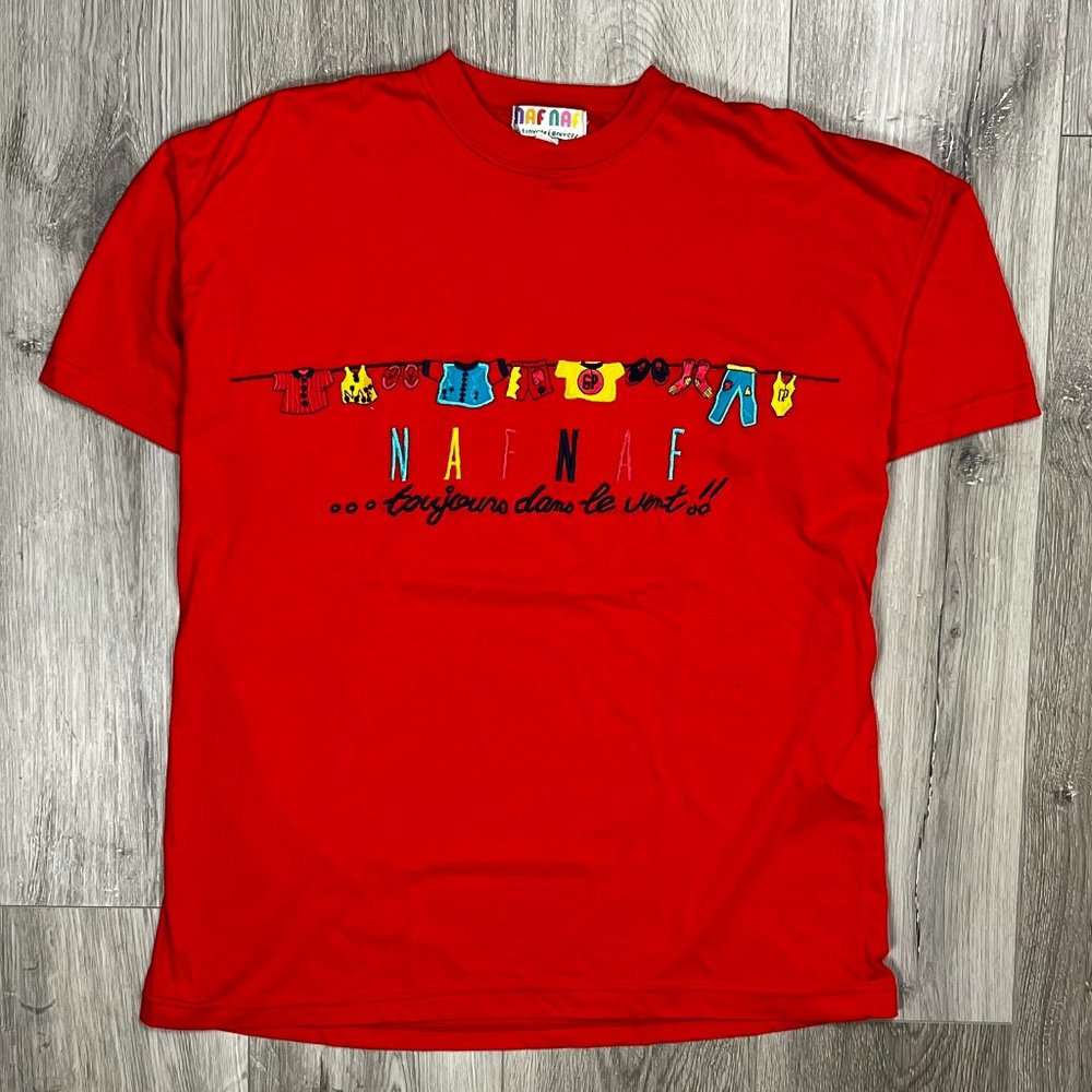 Naf Naf Vintage 1980s Embroidered Emblem Red Medium T-Shirt